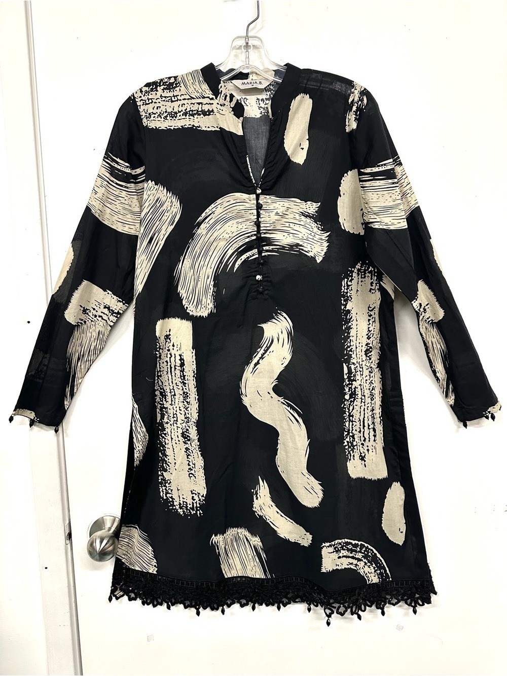 Maria B Cotton Beach Coverup Dress Black Cream Abstract Print Medium